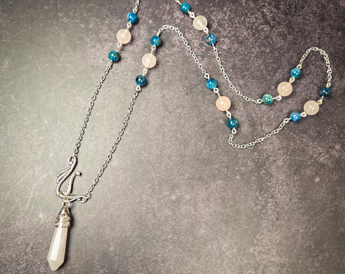 Rose Quartz and Blue Apatite Pendulum Necklace- Wearable Divination Tool - Crystal Healing Jewelry