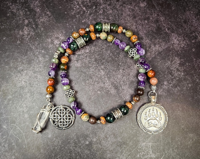 Artio Prayer Beads: Celtic Goddess Rosary with Jasper, Amethyst, & Rutilated Quartz