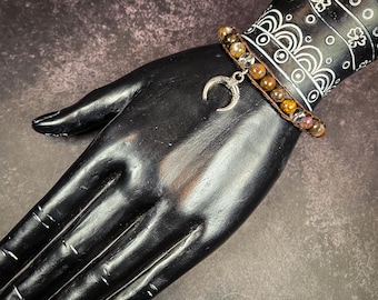 Pietersite & Clear Quartz Leather Wrap Bracelet with Lunula Charm: Transformation, Clarity, and Lunar Power