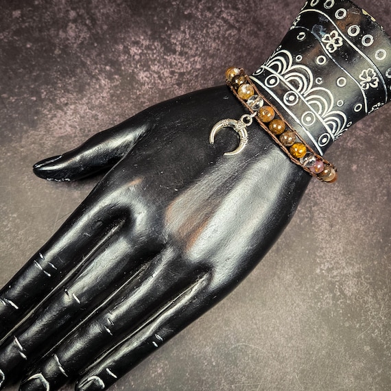 Pietersite & Clear Quartz Leather Wrap Bracelet with Lunula Charm: Transformation, Clarity, and Lunar Power
