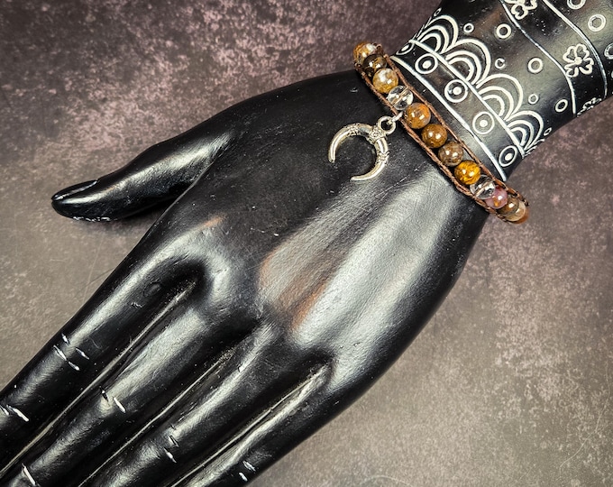 Pietersite & Clear Quartz Leather Wrap Bracelet with Lunula Charm: Transformation, Clarity, and Lunar Power