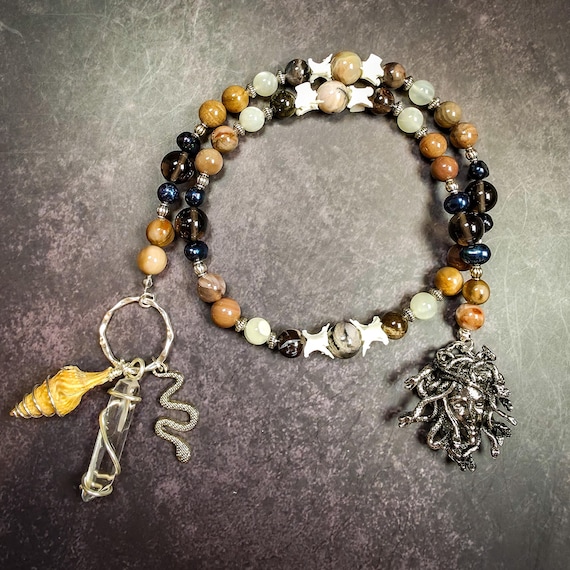 Medusa Prayer Beads: Petrified Wood, White Moonstone, and Pearl Rosary with Snake Vertebrae
