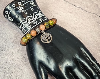 Tree of Life Unakite and Sunstone Beaded Wrap Bracelet