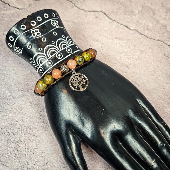 Tree of Life Unakite and Sunstone Beaded Wrap Bracelet