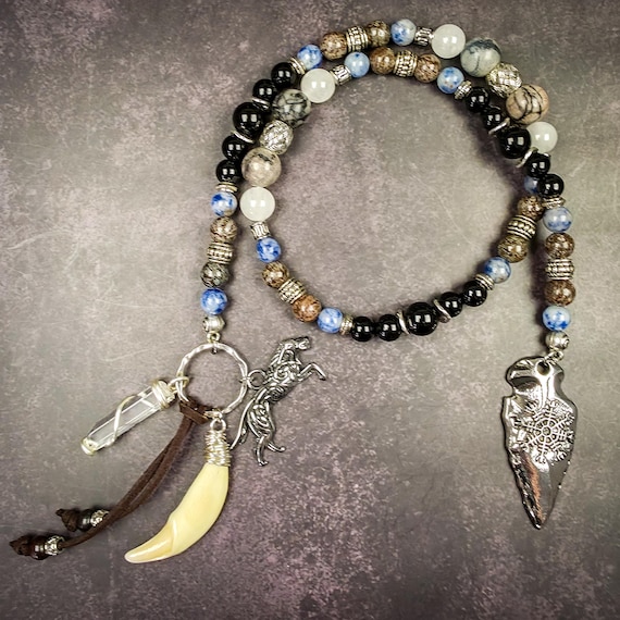 Skadi Devotional Beads: Norse Goddess Rosary with Obsidian, Sodalite, and Spiderweb Jasper