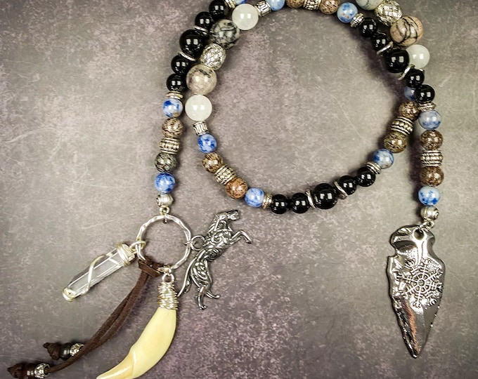 Skadi Devotional Beads: Norse Goddess Rosary with Obsidian, Sodalite, and Spiderweb Jasper