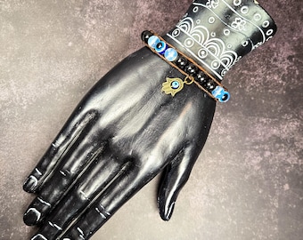 Nazar Protection Leather Wrap Bracelet: Opalite, Black Tourmaline & Blue Evil Eye Beads with Hamsa Charm