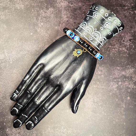 Nazar Protection Leather Wrap Bracelet: Opalite, Black Tourmaline & Blue Evil Eye Beads with Hamsa Charm