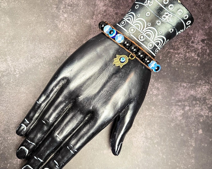 Nazar Protection Leather Wrap Bracelet: Opalite, Black Tourmaline & Blue Evil Eye Beads with Hamsa Charm