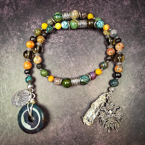 Green Man Prayer Beads: Agate, Jasper, & Smoky Quartz Rosary