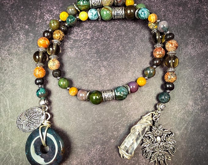 Green Man Prayer Beads: Agate, Jasper, & Smoky Quartz Rosary