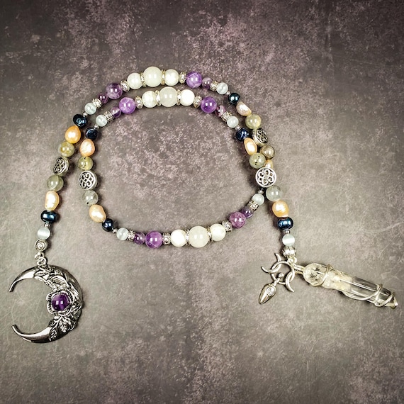 Selene Moon Goddess Prayer Beads – Labradorite, Pearl, Moonstone Meditation Rosary
