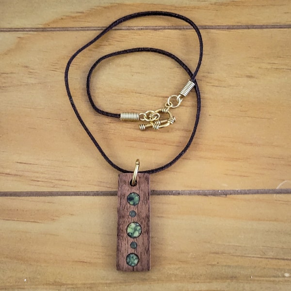 Green Jasper and Oak "Power of Three" Sigil Pendant with Faux Suede Cord - Hand Carved Wooden Pendant with Stone Inlay