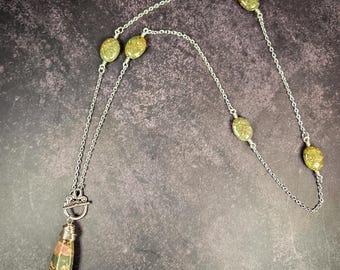 Green Flower Jasper Pendulum Necklace - Wearable Divination Tool - Crystal Healing Jewelry