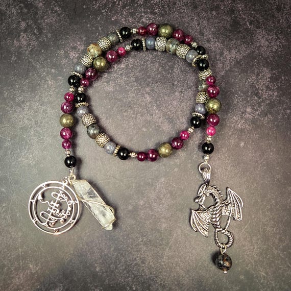Asmodeus Devotional Prayer Beads – Obsidian, Garnet, and Yooperlite Rosary
