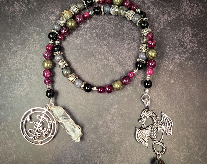 Asmodeus Devotional Prayer Beads – Obsidian, Garnet, and Yooperlite Rosary