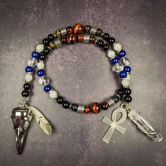 Khonsu Prayer Beads: Egyptian Moon God Devotional Beads with Tiger’s Eye, Obsidian, and Quartz
