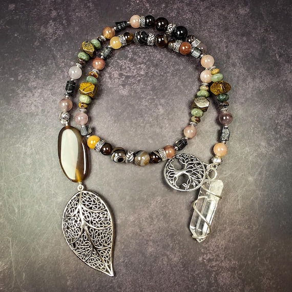Nature Devotional Prayer Beads: Banded Agate, Raw Black Tourmaline, Septarian, Tourmalinated Green Quartz, & Bronzite