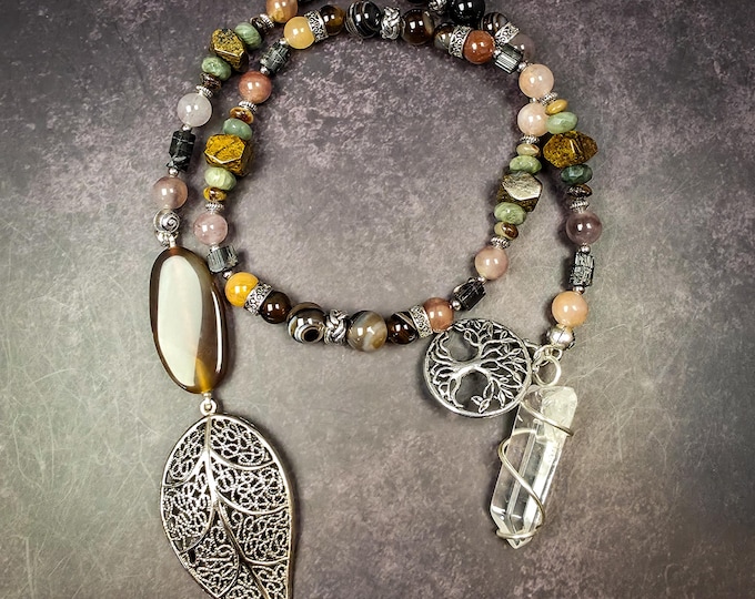 Nature Devotional Prayer Beads: Banded Agate, Raw Black Tourmaline, Septarian, Tourmalinated Green Quartz, & Bronzite