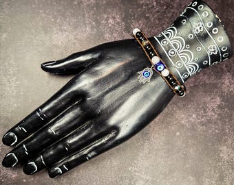 Nazar Protection Leather Wrap Bracelet — White Agate, Black Tourmaline & Blue Evil Eye Beads with Hamsa Charm