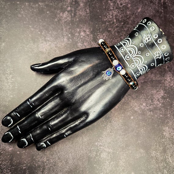 Nazar Protection Leather Wrap Bracelet — White Agate, Black Tourmaline & Blue Evil Eye Beads with Hamsa Charm