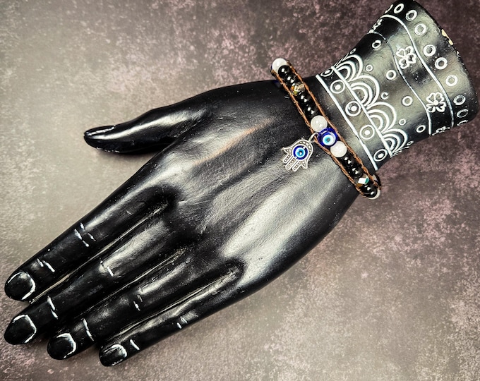 Nazar Protection Leather Wrap Bracelet — White Agate, Black Tourmaline & Blue Evil Eye Beads with Hamsa Charm