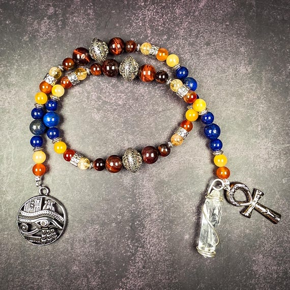 Egyptian God Ra Rosary with Tiger's Eye, Carnelian & Lapis Lazuli