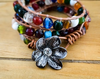 Upcycled Glass Bead Triple Wrap Bracelet with Vintage Flower Button Closure