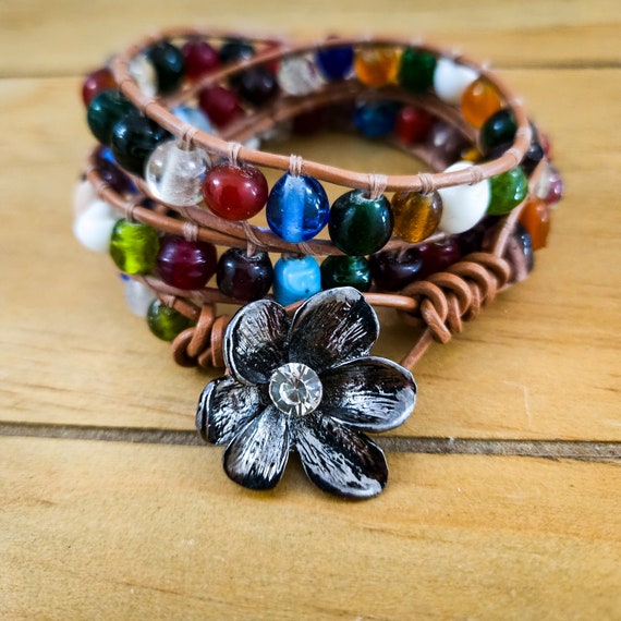 Upcycled Glass Bead Triple Wrap Bracelet with Vintage Flower Button Closure