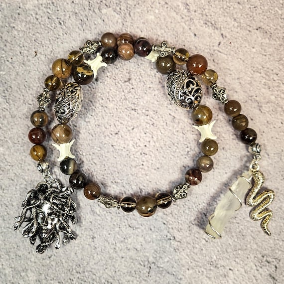 Medusa Prayer Beads: Petrified Wood Rosary with Snake Vertebrae