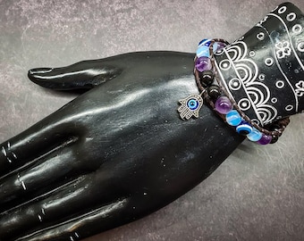 Nazar Evil Eye Hamsa Leather Bracelet: Opalite, Amethyst, & Tourmaline Protection Talisman
