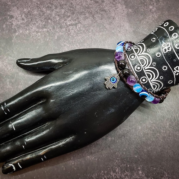Nazar Evil Eye Hamsa Leather Bracelet: Opalite, Amethyst, & Tourmaline Protection Talisman