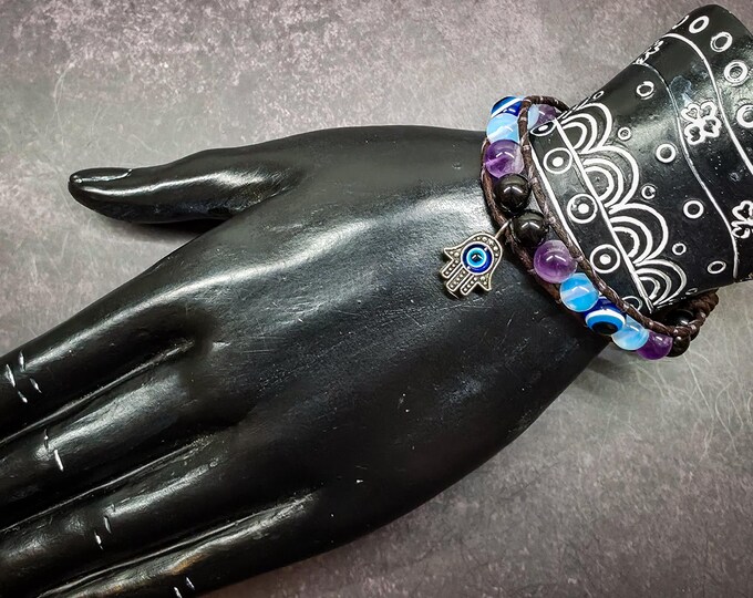Nazar Evil Eye Hamsa Leather Bracelet: Opalite, Amethyst, & Tourmaline Protection Talisman
