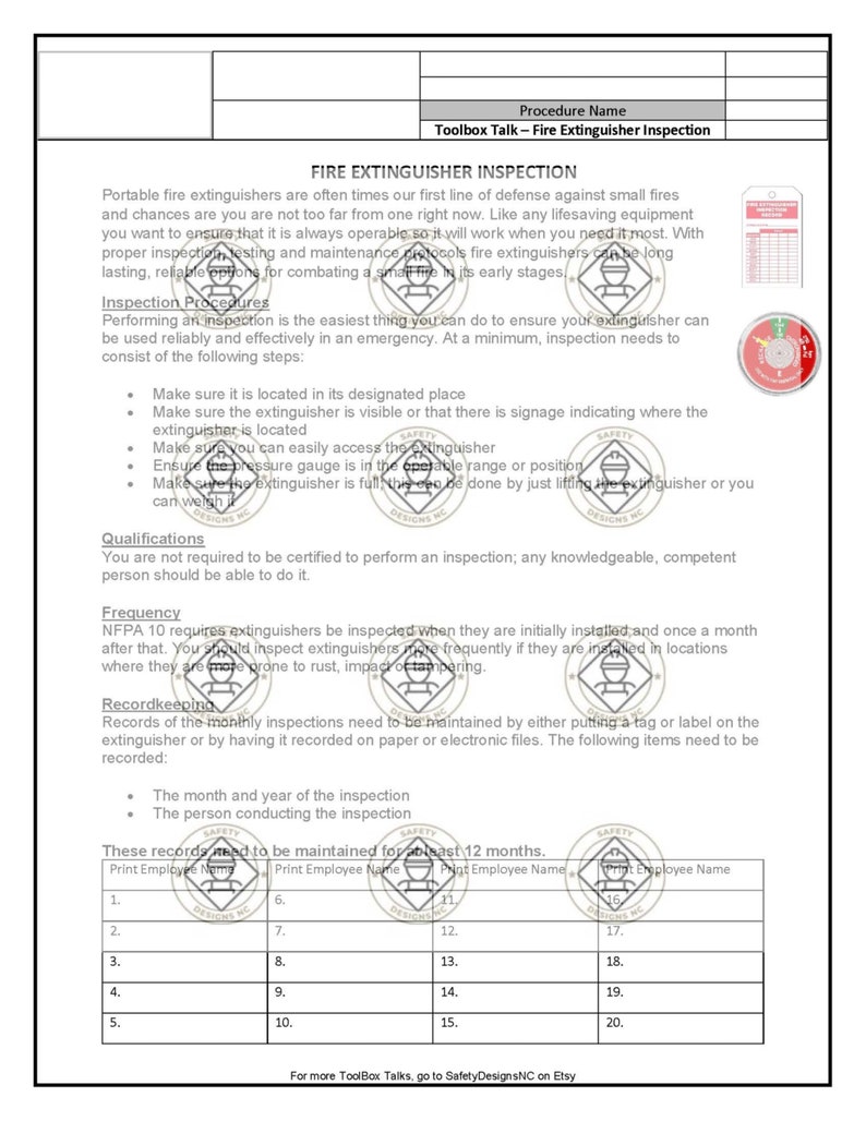 Toolbox Talk Fire Extinguisher Inspection Etsy