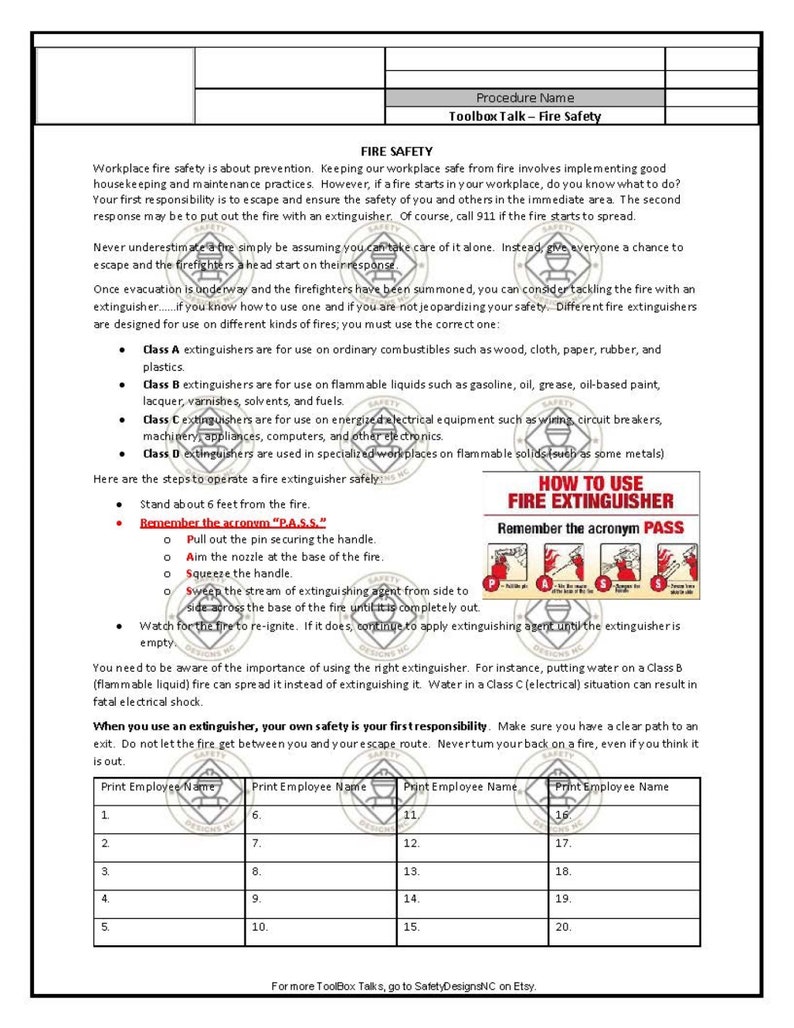 Toolbox Talks Fire Safety Etsy