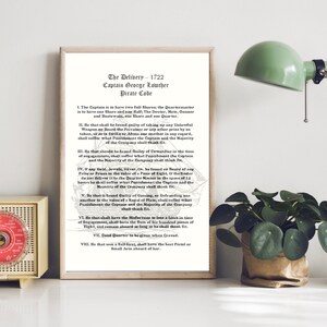 May include: A black and white image of a pirate code document from 1722. The document is titled "The Delivery - 1722 Captain George Lowther Pirate Code". The document outlines the rules and regulations for pirates, including the distribution of treasure, punishments for crimes, and the treatment of prisoners.