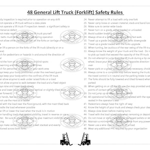 Puede incluir: Una imagen en blanco y negro de una carretilla elevadora con 48 reglas de seguridad enumeradas. Las reglas cubren temas como las inspecciones diarias, los procedimientos operativos, la manipulación de cargas y las prácticas de conducción seguras.