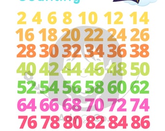 May include: A colorful educational chart for learning to skip count by 2s. The chart features numbers from 2 to 110 in a rainbow of colors. The chart is decorated with a cartoon rocket ship and aliens.