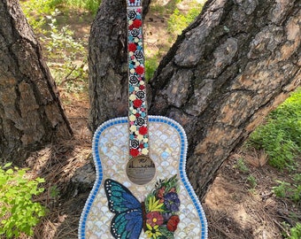 Bohemian Dream Mixed Media Stained Glass Mosaic Art Guitar! Perfect housewarming, birthday or anniversary gift for her!
