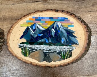 Mountain mosaic on natural wood // Perfect for any nature lover