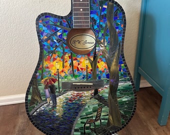 Rainy Day Mood Music Mixed Media Stained Glass Mosaic Art Guitar! Perfect for any art and music lover!