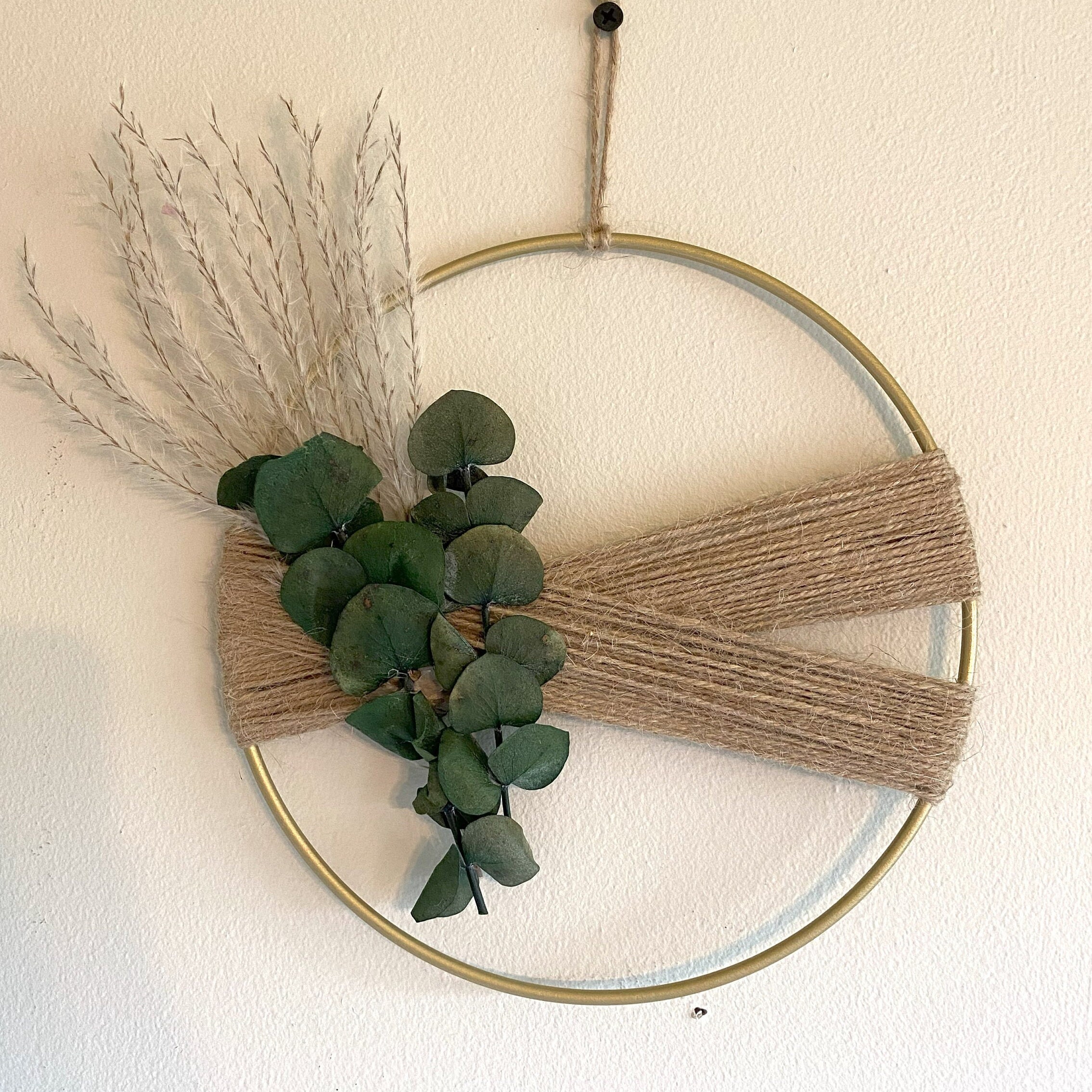 Dried Flower Boho Wreath Gold Hoop, Eucalyptus and Reeds Free Shipping