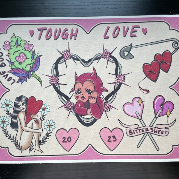 A4 A3 Kunstdruck Klassisch Monster Gothic Alternative "Tough Love" Original Tattoo Flash Sheet Pink Herz Valentinstag Wand Kunst Dekoration
