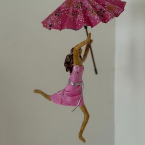 6” Floating Pink Paper Mache Umbrella Girl Mobile