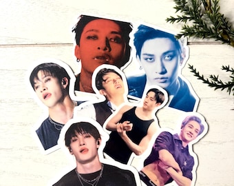 May include: A set of eight stickers featuring different photos of men. The stickers are printed on white paper and have a glossy finish. The stickers are all different sizes and shapes.