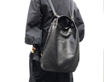 Black leather backpack women travel, convertible tote bag