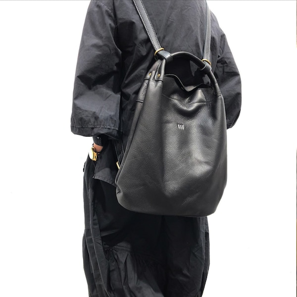 Black leather backpack women travel, convertible tote bag