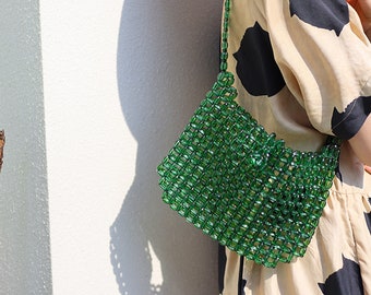 Handmade green beaded shoulder bag,vintage beaded bags,beaded purse,gift for her