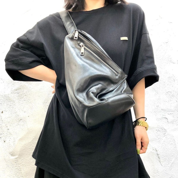 Handmade soft leather sling bag black,sling bag for women travel