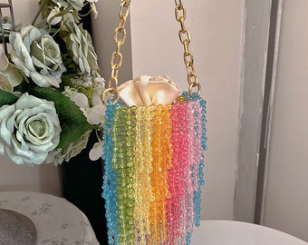 Rainbow bead bag handmade, summer beaded bag tote, gift for her